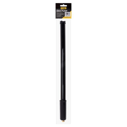 Portable bicycle pump with black barrel, shown on retail package backing