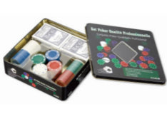 Poker set in tin box, open: card deck and assorted colored poker chips