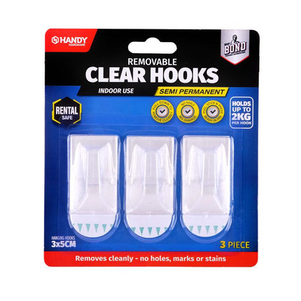 Removable clear plastic hooks, set of 3, 5cm x 3cm