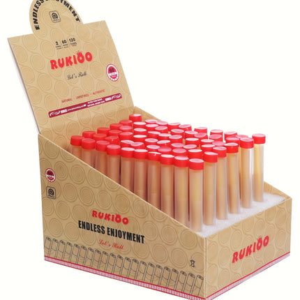 Brown smoking cones with red tips in a display tray and open cardboard box