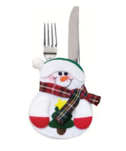 Snowman cutlery cover with plaid scarf, green hat, and fork-and-knife sleeves
