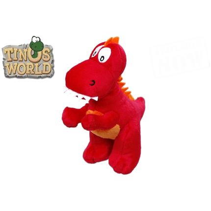 Red plush dinosaur character with smiling face and small yellow feet, side pose