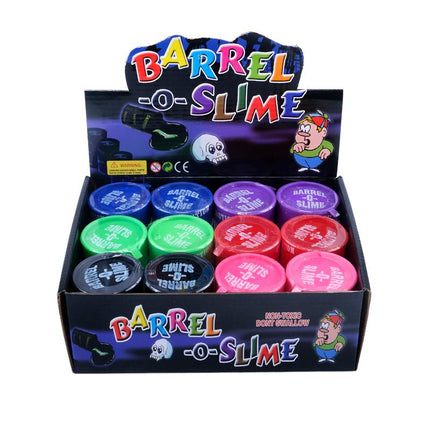Barrel-O-Slime 12-pack slime jars, assorted colors in a retail display box