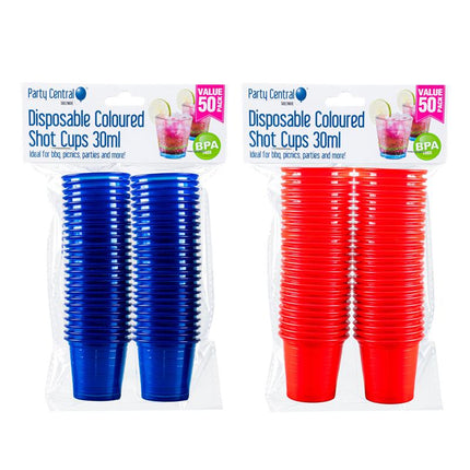 Disposable blue shot cups, 30 ml, stacked in pack (50 count).