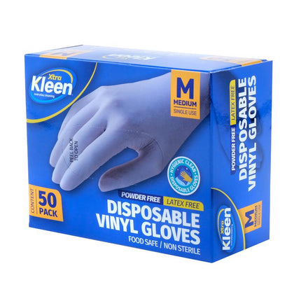 Powder-free disposable vinyl gloves, light blue, medium (M), 50-pack box