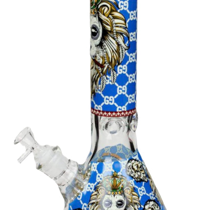 Blue lion graphic water beaker bong, clear glass, angled side tube
