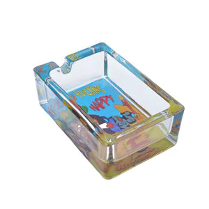 Rectangle glass printed ashtray with blue abstract graphic and raised edges