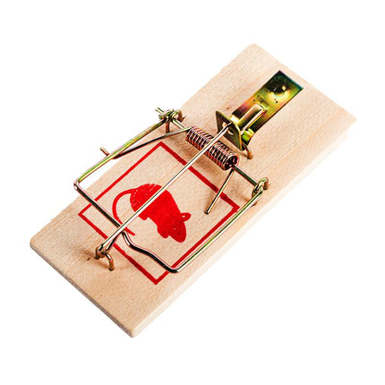Wooden spring-loaded mouse trap with metal trigger frame and red bait area