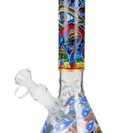 Glass water beaker with colorful ocean monster print and glass bubbler on the side.