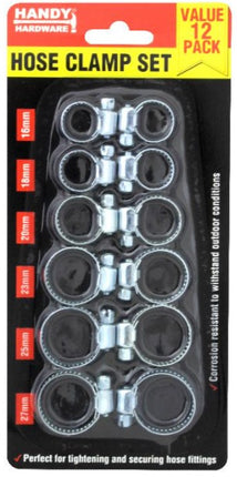12-piece metal hose clamp set with six-bolt band style, in blister packaging