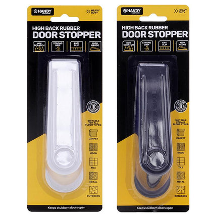 Two high back rubber door stoppers in blister packs, white and dark colors
