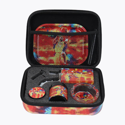 Colorful 7-piece waterpipe set in zippered case with tray and accessory pieces