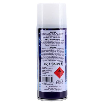 Christmas snow spray aerosol can, 85 g / 250 ml, back panel with safety instructions