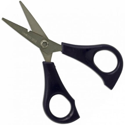 Braid line snips with black handle grips and two metal blades, open scissor style