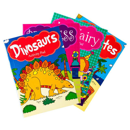 Assorted kids activity pads with colorful dinosaur, princess, pirate, and fairy covers