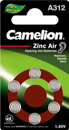 A312 Zinc Air hearing aid batteries, 6-pack, 1.45V