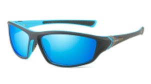 Men's sport sunglasses, blue mirrored lenses with dark frame and blue arms