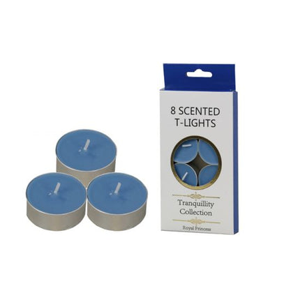 Blue scented tealight candles in metal cups, 8-pack gift box