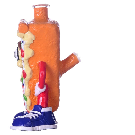Side view orange pizza-slice glass water pipe with cartoon face, red arms and blue shoes