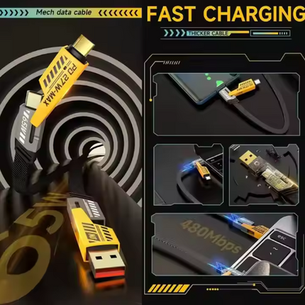 Braided 4-in-1 cable with USB-A plus Lightning and Type-C tips for fast charging