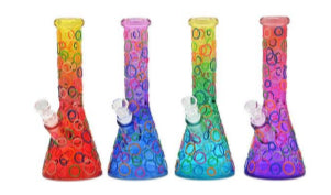 Colorful glass water beakers with hippie rings pattern, assorted red blue green purple