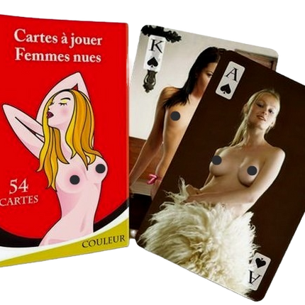 Adult themed playing cards deck with box; pin-up style face cards and K/A visible