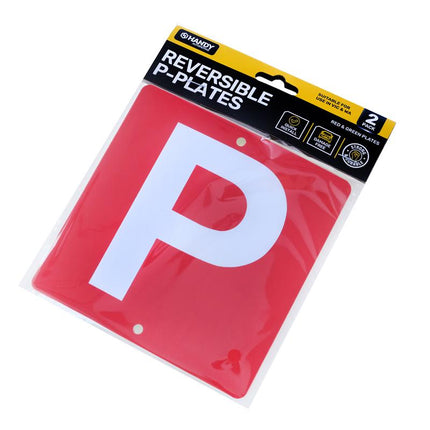 Reversible P plate sign, red plate with white P, retail blister pack for 2 plates