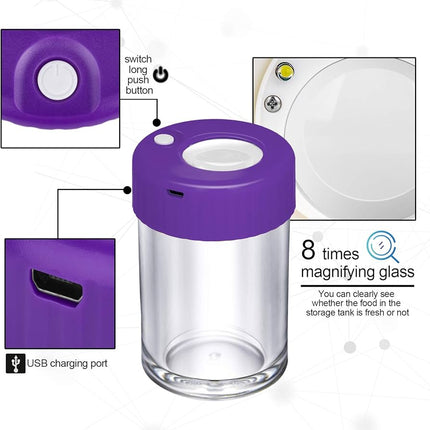 Purple glass storage jar with LED light window, USB charging port, switch