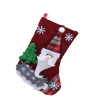 Small decorative Christmas stocking in red with Santa face, white trim and green cuff