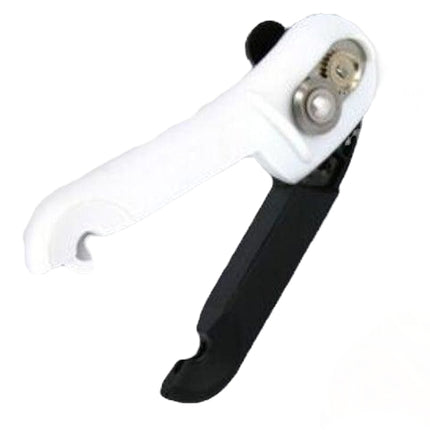 Manual can opener with comfy grip, white handle and black lever, stainless steel cutting wheel