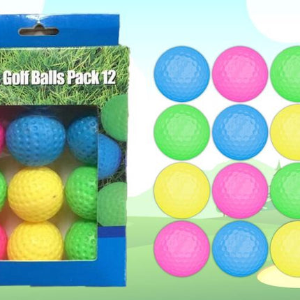 Plastic golf balls set of 12 with pink, blue, green, and yellow balls