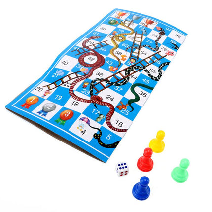 Snakes and Ladders 34cm game board, angled view, with four pawns and a die