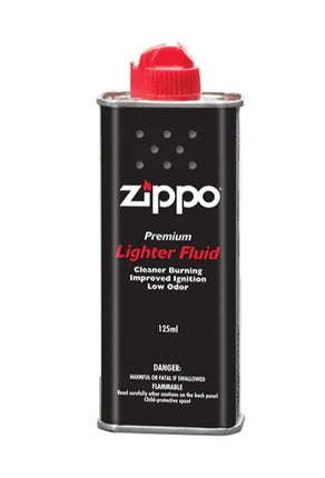 Zippo lighter fluid canister with red cap, 125 mL, black metal container.