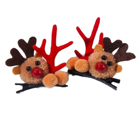 Two plush reindeer hairpins with red antlers, round tan bodies, and red noses