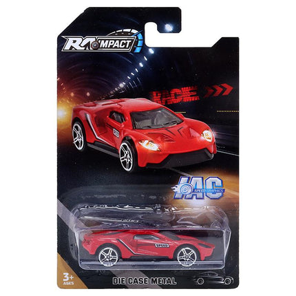 Die-cast metal sports car in red blister pack with graphic card backing