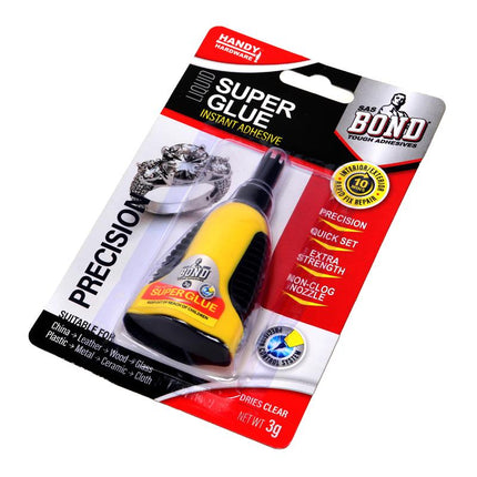 Instant super glue adhesive pack with precision nozzle, clear-drying, 3g blister
