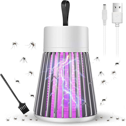 Grey rechargeable USB mosquito zapper with UV lamp glow and charging cable shown