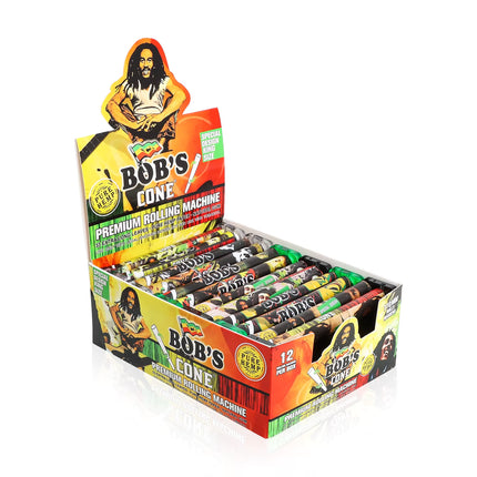Cone rolling machine display box with branded rolling papers and green accessories