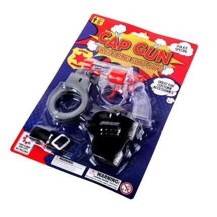 Cap gun fire-and-ring shot play set in blister pack, black launcher with police badge art