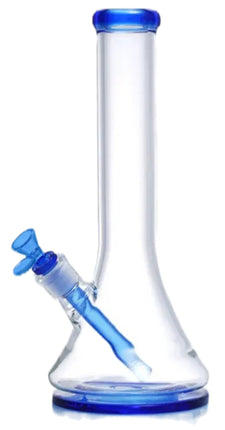 Tall clear glass water pipe bong with blue mouthpiece and thick blue base ring