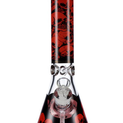 Black glass water beaker with red skull graphic