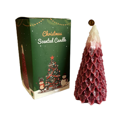 Christmas tree scented candle in red-pink, with matching gift box