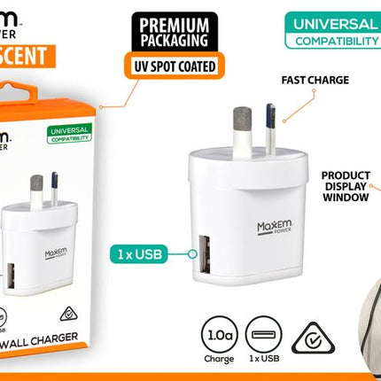 MaxEm universal 1-port USB wall charger, white plug adapter with 2 pins, 1.0A output.