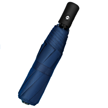 Automatic 3-fold umbrella, blue fabric with black top cap and folded sleeve