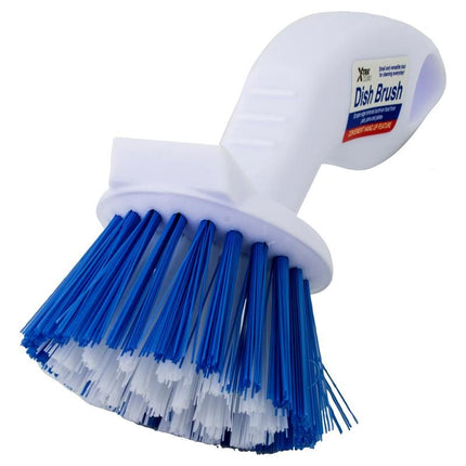 Dish scrubbing brush with blue and white bristles and white handle
