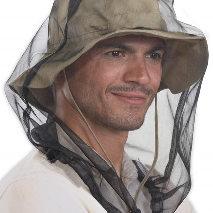 Black mesh insect head net with wide brim and chin tie, worn over face.