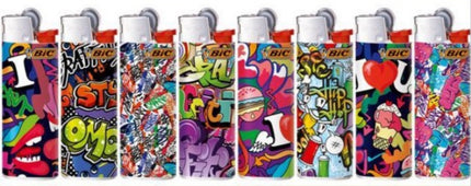 Set of BIC J26 lighters with abstract colorful pop-art graphics, 10 shown