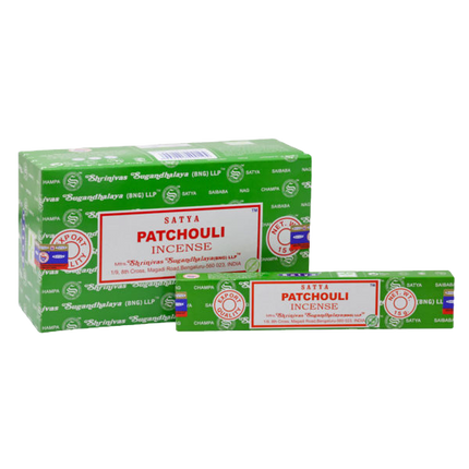 Rectangular incense boxes, Satya Patchouli, green with red Patchouli Incense label