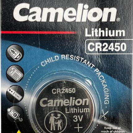 Child-resistant lithium CR2450 3V button cell battery pack, Camelion (3V)