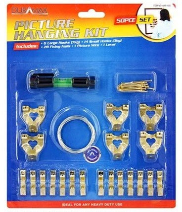 Picture hanging kit (50 pcs) with hooks, screws, and cord for mounting pictures